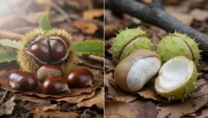 Confronto tra castagne commestibili nel riccio e castagne matte verdi, con frutto chiaro aperto sul terreno