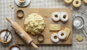 Impasto per biscotti su tagliere con mattarello, stampini e biscotti friabili spolverati di zucchero a velo