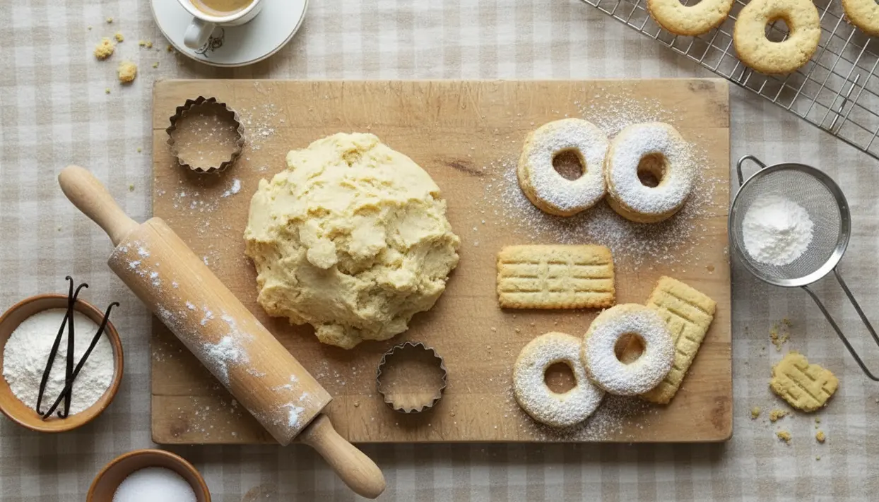 Impasto per biscotti su tagliere con mattarello, stampini e biscotti friabili spolverati di zucchero a velo