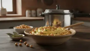 Crema di ceci con ceci interi e prezzemolo in ciotola, con pentola a pressione sullo sfondo