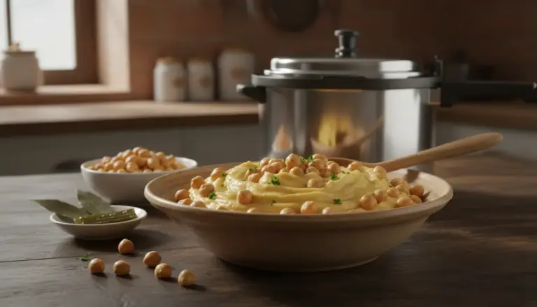 Crema di ceci con ceci interi e prezzemolo in ciotola, con pentola a pressione sullo sfondo