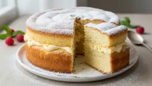 Torta soffice con crema al centro e zucchero a velo, servita su piatto con una fetta tagliata