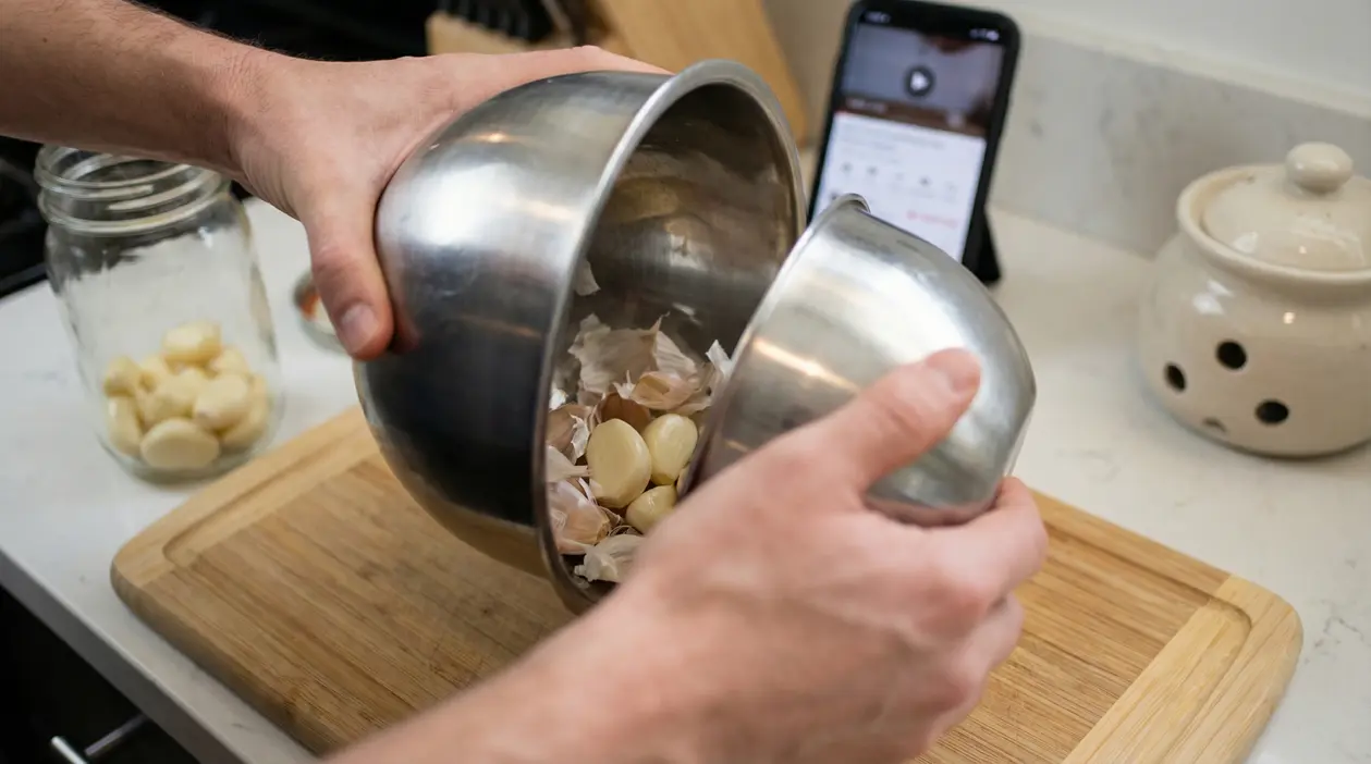 Mani che sbucciano l’aglio scuotendo due ciotole di metallo sopra un tagliere in cucina