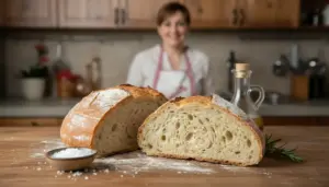 Pane fatto in casa tagliato a metà su un tavolo di legno, con farina e olio in cucina sullo sfondo