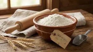 Ciotola di farina su tavolo di legno con mattarello, spighe di grano, paletta e cartellino con data