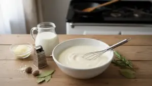 Ciotola di besciamella leggera con frusta, latte e spezie su tavolo in cucina