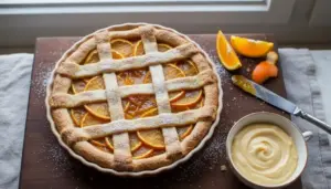 Crostata all’arancia con griglia di pasta frolla e fette d’arancia, spolverata di zucchero a velo