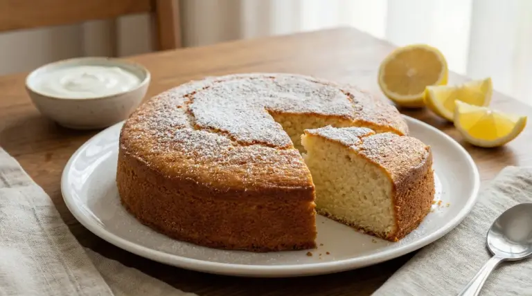 Torta allo yogurt leggera con una fetta tagliata, spolverata di zucchero a velo, con limone e yogurt sul tavolo