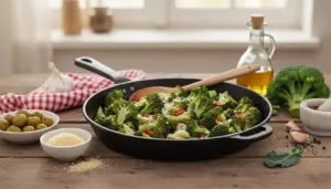 Padella di broccoli saltati con aglio, peperoncino e formaggio grattugiato su tavolo di legno con olio e olive