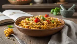 Piatto di pasta con pomodorini e basilico in una ciotola di legno su tavolo rustico, con libro di ricette sullo sfondo