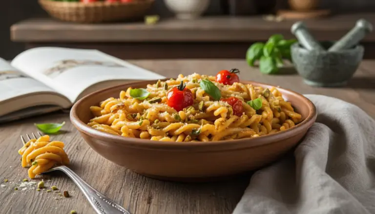 Piatto di pasta con pomodorini e basilico in una ciotola di legno su tavolo rustico, con libro di ricette sullo sfondo