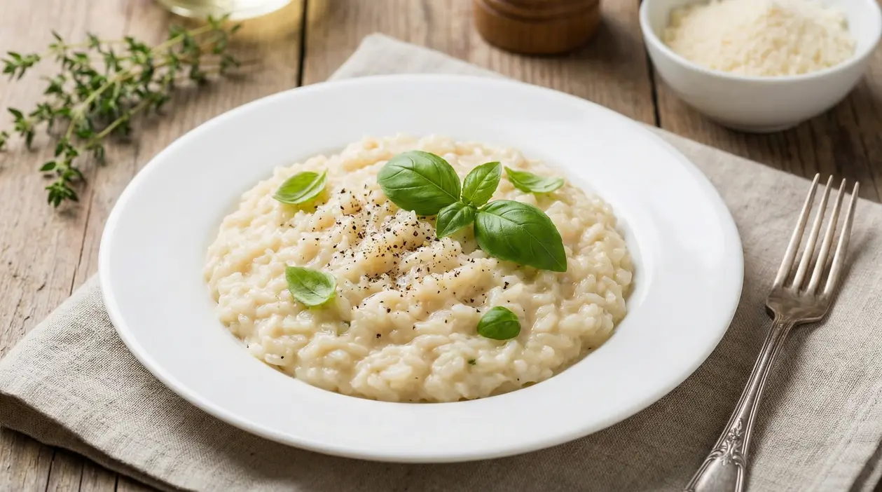 Risotto cremoso servito in piatto bianco con basilico fresco e pepe nero, su tavolo in legno con forchetta