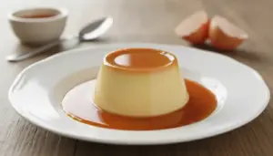 Creme caramel su piatto bianco con salsa al caramello, su tavolo in legno con cucchiaino e gusci d’uovo sullo sfondo