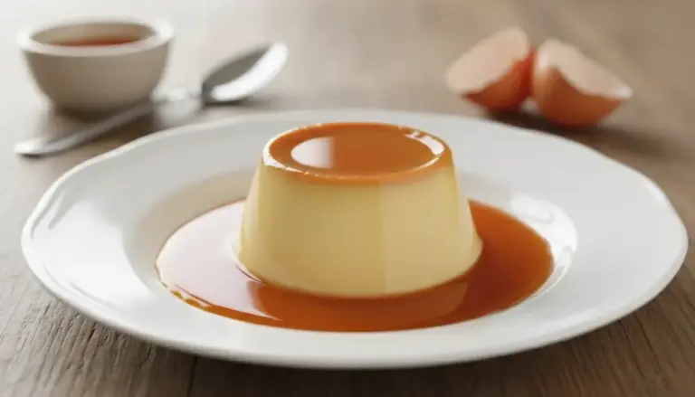 Creme caramel su piatto bianco con salsa al caramello, su tavolo in legno con cucchiaino e gusci d’uovo sullo sfondo