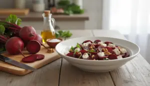 Insalata di barbabietole a fette con feta, noci e rucola in una ciotola, con barbabietole fresche sul tagliere