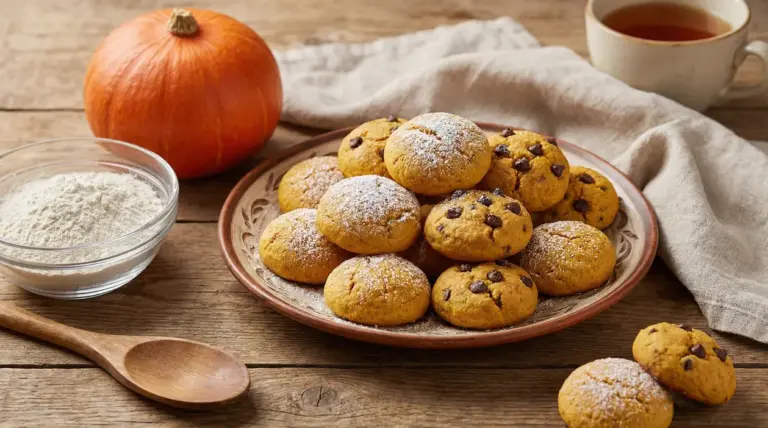 Piatto di biscotti alla zucca con zucchero a velo e gocce di cioccolato su tavolo rustico, con zucca e tazza di tè