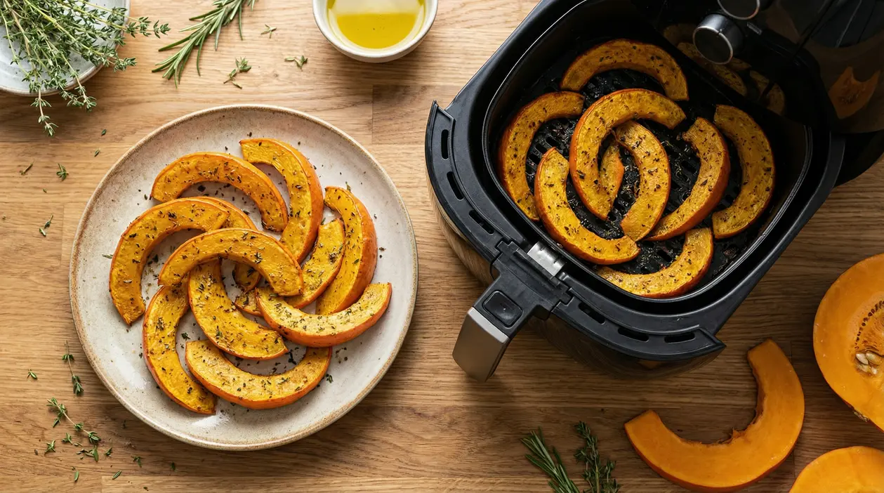 Fette di zucca cotte in friggitrice ad aria e servite su un piatto, condite con erbe aromatiche