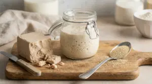 Lievito di birra fresco, barattolo di lievito madre e lievito secco in granuli su un tagliere di legno
