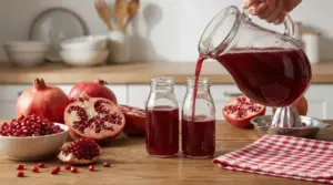 Succo di melograno versato da una caraffa in bottiglie di vetro su un tavolo con melograni e chicchi