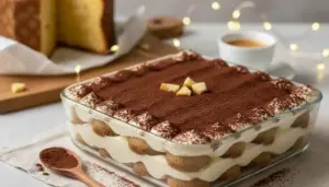 Tiramisù al pandoro in pirofila di vetro, a strati con crema e cacao amaro, su tavolo con caffè sullo sfondo