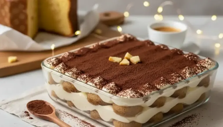 Tiramisù al pandoro in pirofila di vetro, a strati con crema e cacao amaro, su tavolo con caffè sullo sfondo