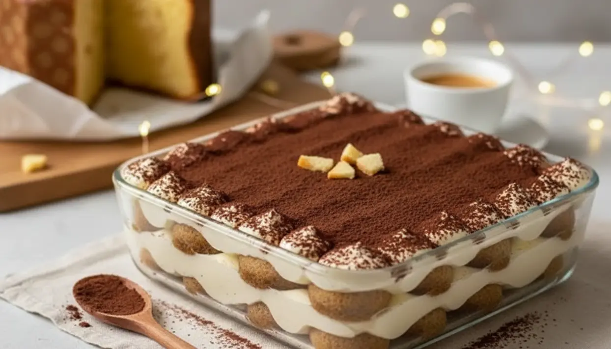 Tiramisù al pandoro in pirofila di vetro, a strati con crema e cacao amaro, su tavolo con caffè sullo sfondo