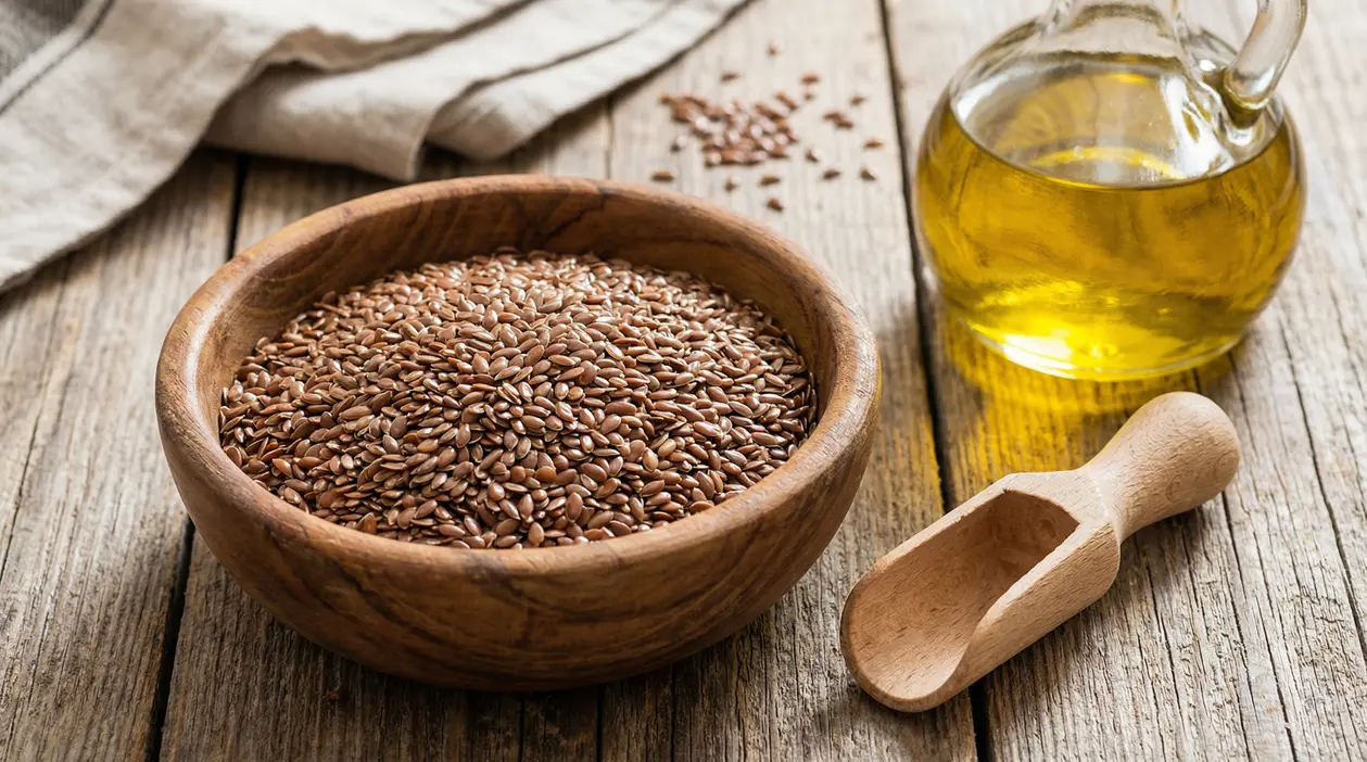 Semi di lino in una ciotola di legno con olio e paletta su tavolo rustico