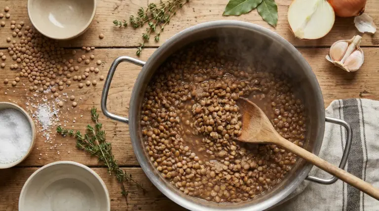 Pentola di lenticchie cotte in brodo con cucchiaio di legno, con cipolla, aglio, alloro e timo su tavolo rustico