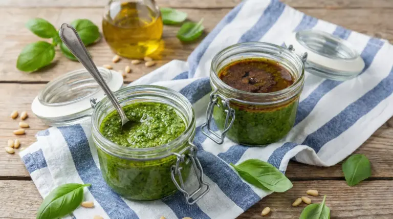 Due vasetti di pesto: uno verde brillante e uno con superficie marrone, con basilico, pinoli e olio sul tavolo