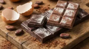 Tavolette di cioccolato con patina bianca su tagliere di legno, con cacao in polvere e fave di cacao