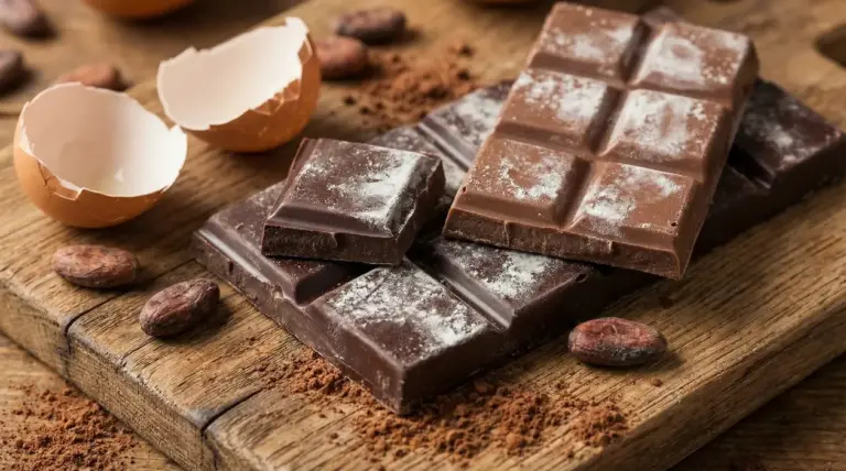 Tavolette di cioccolato con patina bianca su tagliere di legno, con cacao in polvere e fave di cacao