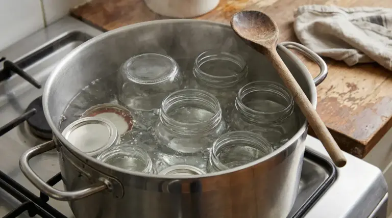 Vasetti di vetro e coperchi che bollono in una pentola sul fornello per sterilizzare e preparare il sottovuoto