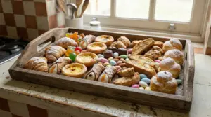 Vassoio di dolci assortiti fatti in casa con croissant, biscotti, tartine e confetti colorati su un tavolo in cucina