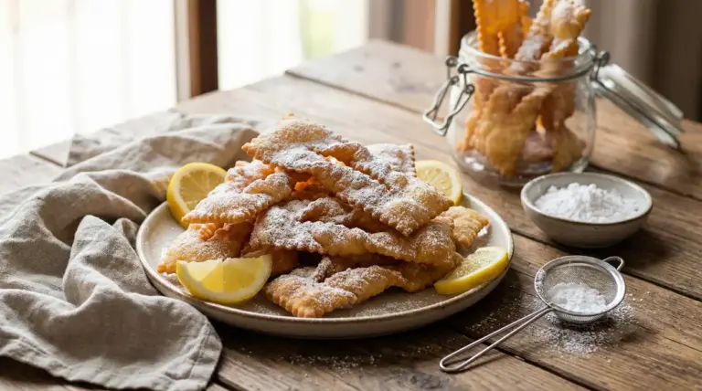 Chiacchiere di Carnevale spolverate di zucchero a velo su un piatto, con fette di limone su tavolo di legno